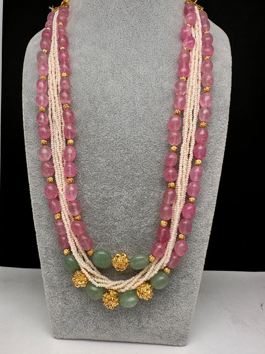 Rose Quartz Emerald Pearls Nakshi Multi Layer Necklace