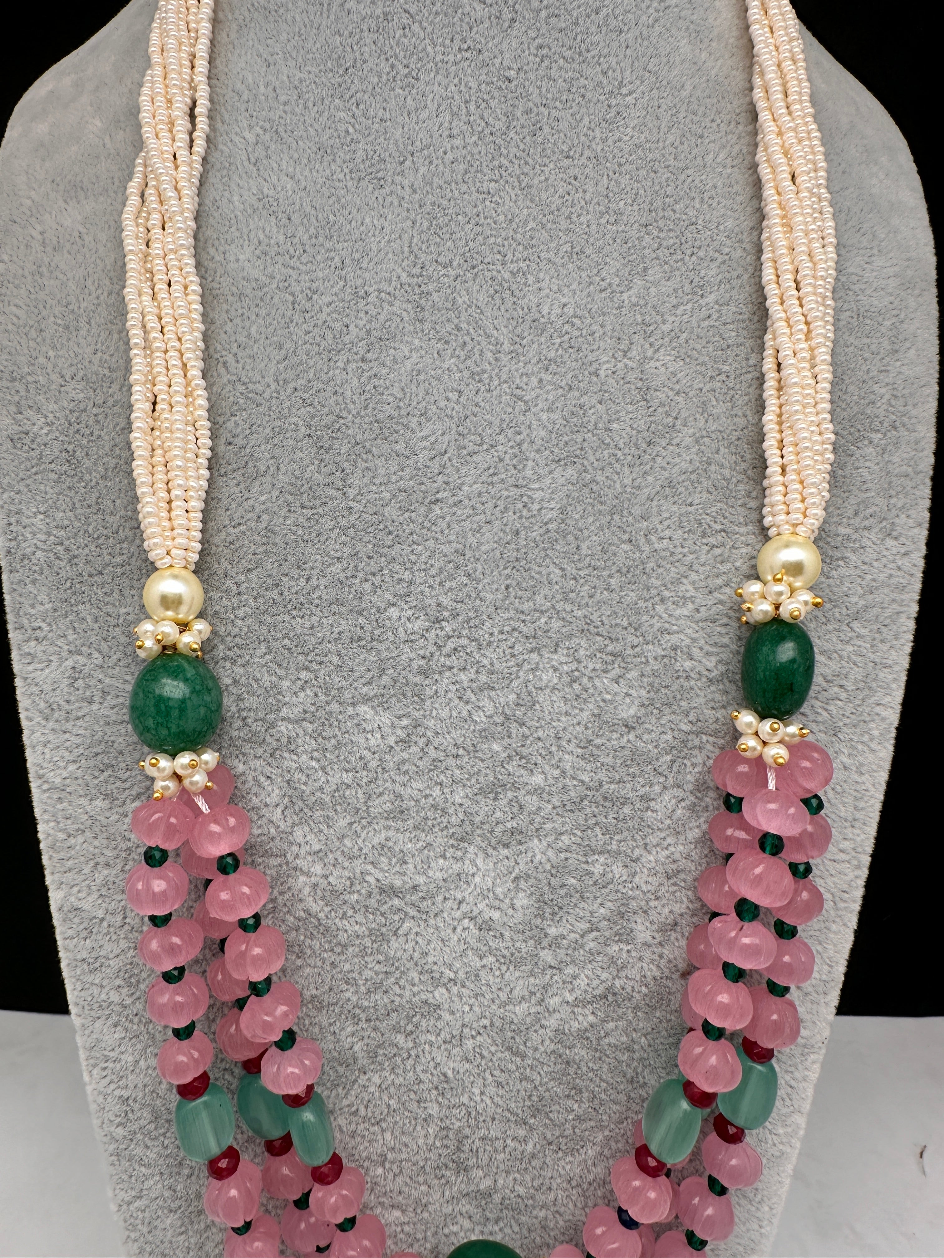 Red Crystal Necklace With Green and Pink Flower - Silver Papillon
