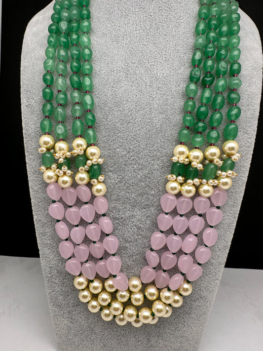 Emerald Pink Beads Pearls Multi Layer Necklace