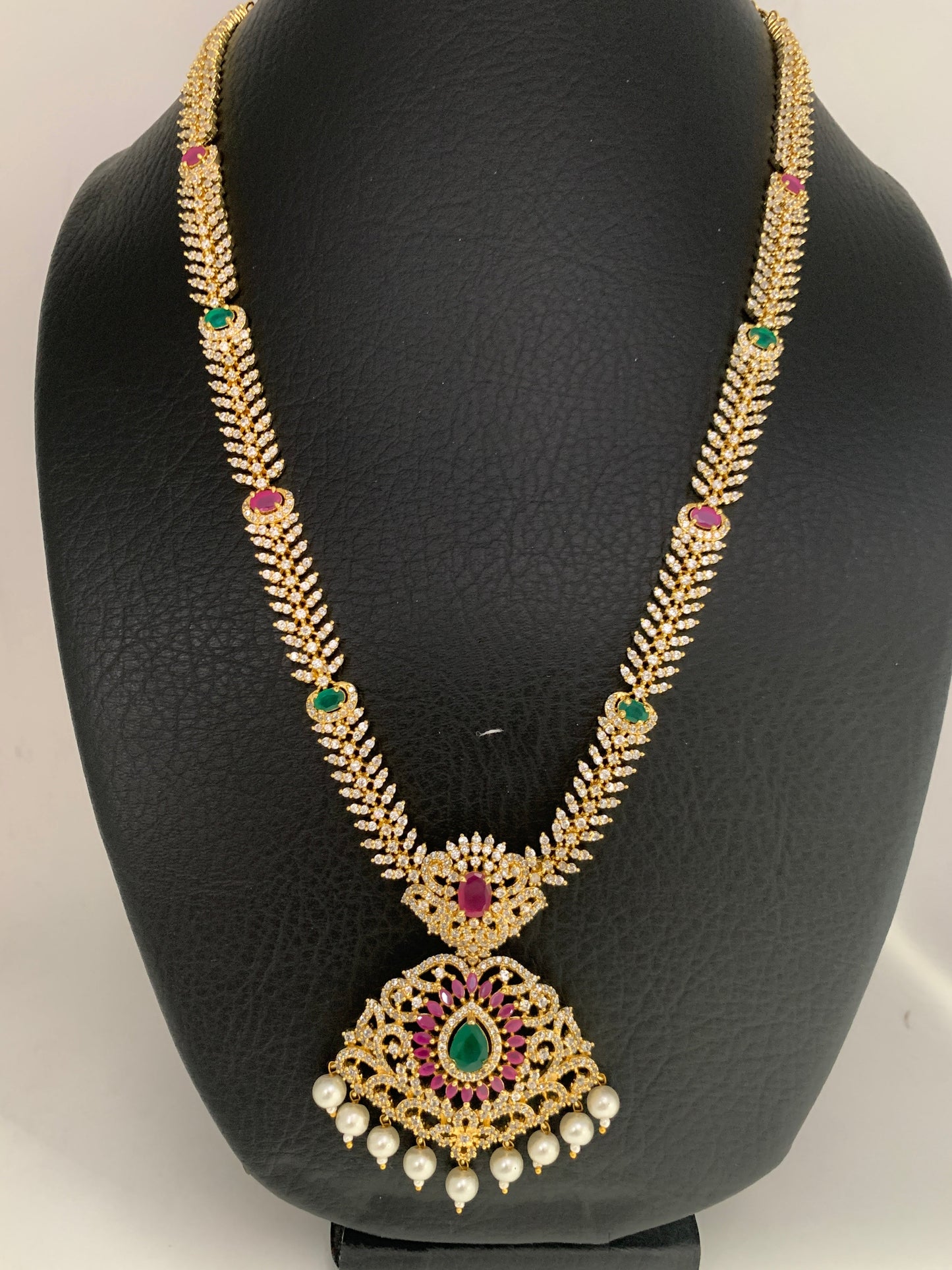 AD Red Green Stone Golden Finish Long Necklace