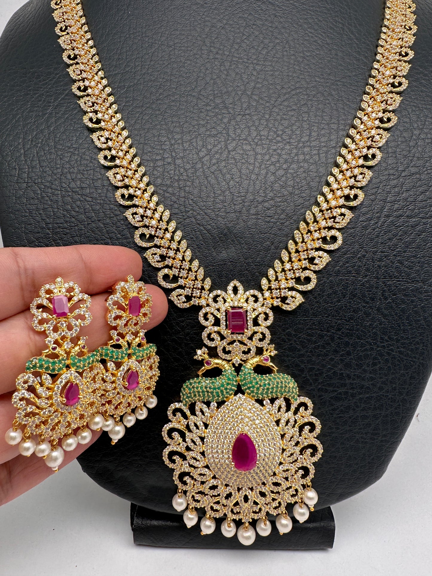 AD Red Stone Peacock Pendent Golden Finish Long Necklace