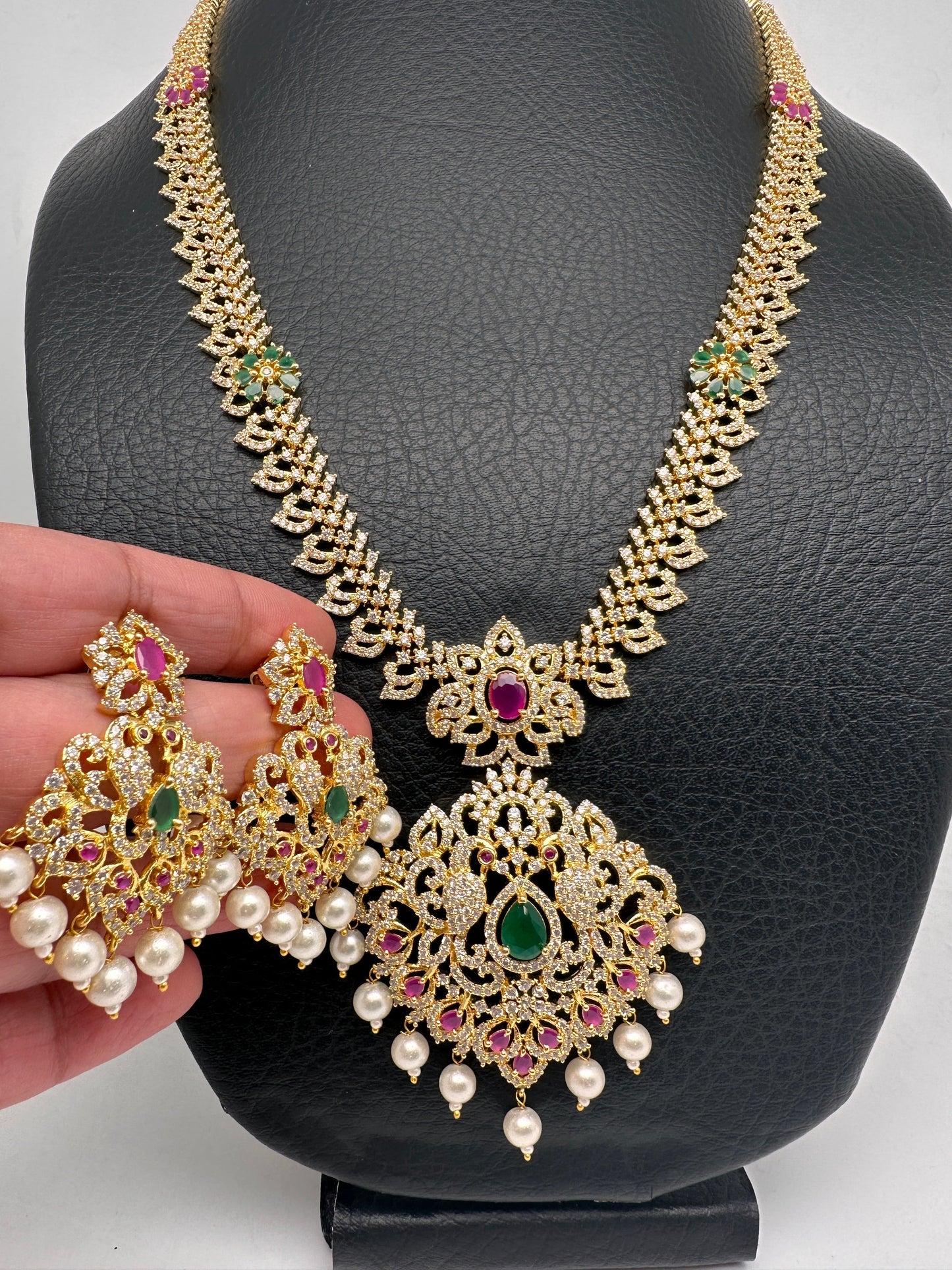 AD Red Green Multi Stone Peacock Design Golden Finish Long Necklace