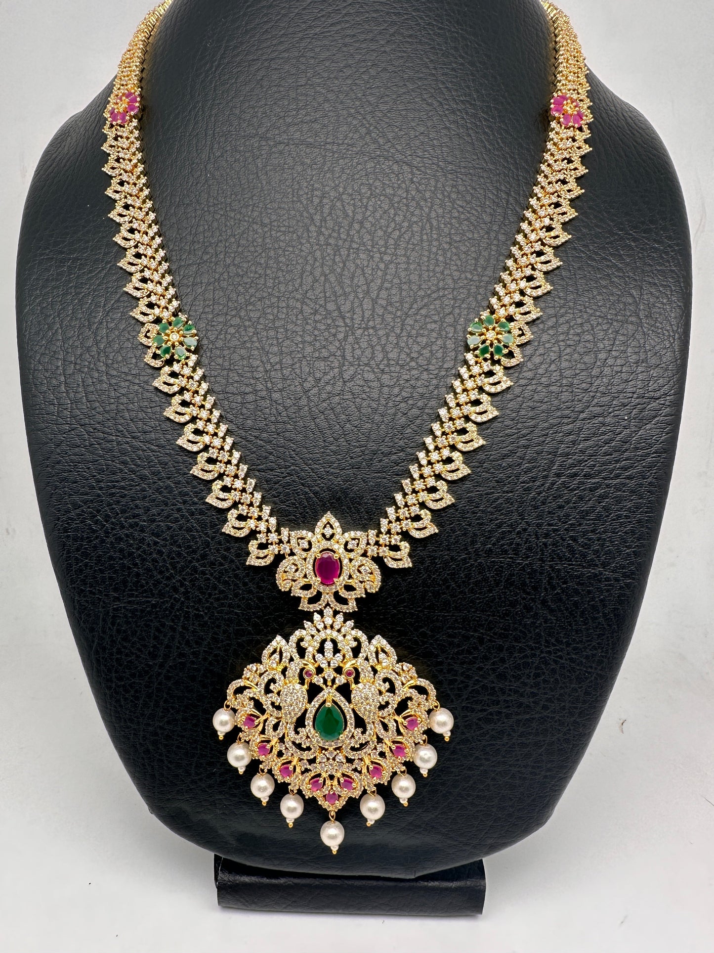 AD Red Green Multi Stone Peacock Design Golden Finish Long Necklace