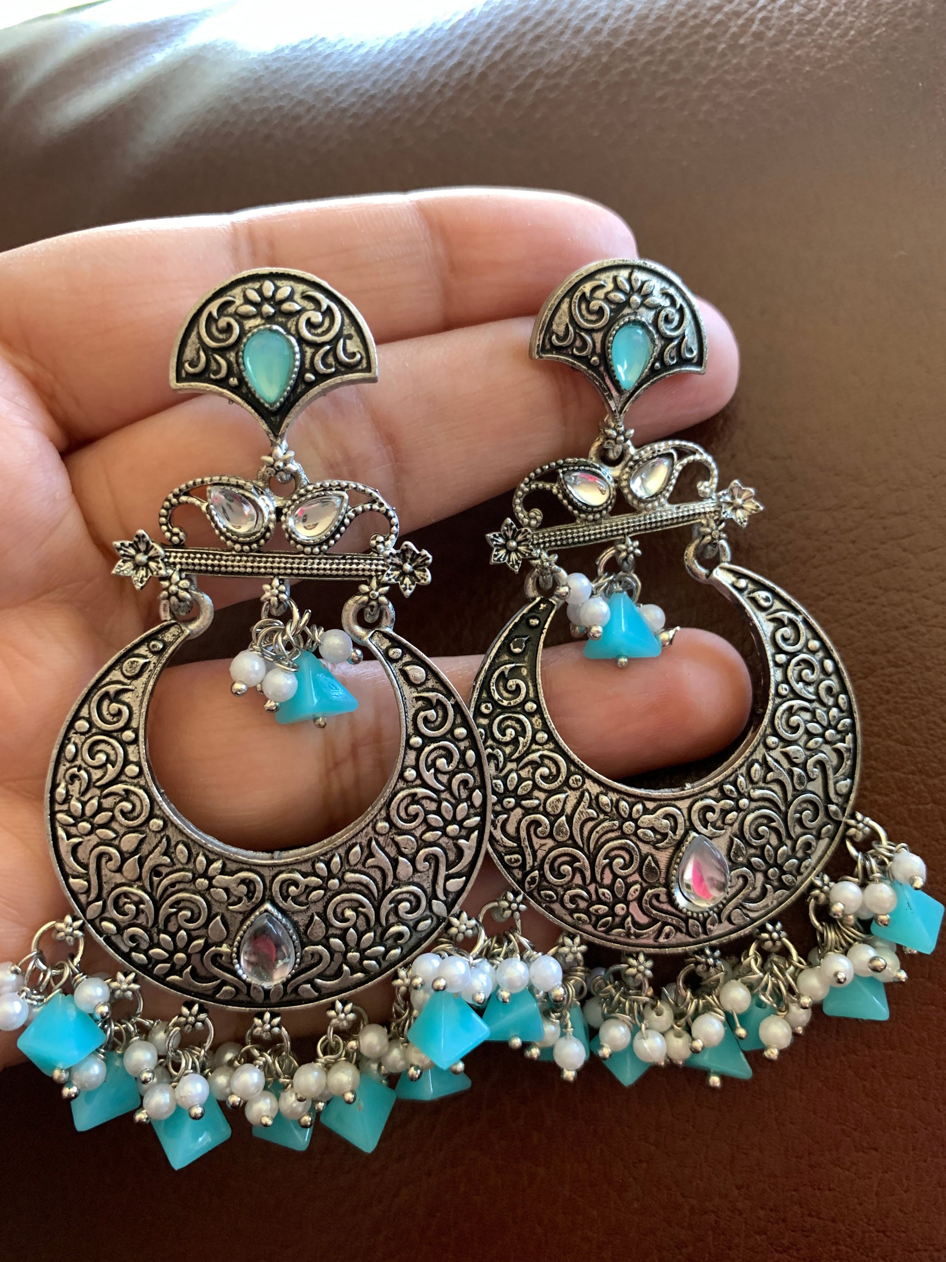 Chandbali Aqua Beads and Pearls Earrings