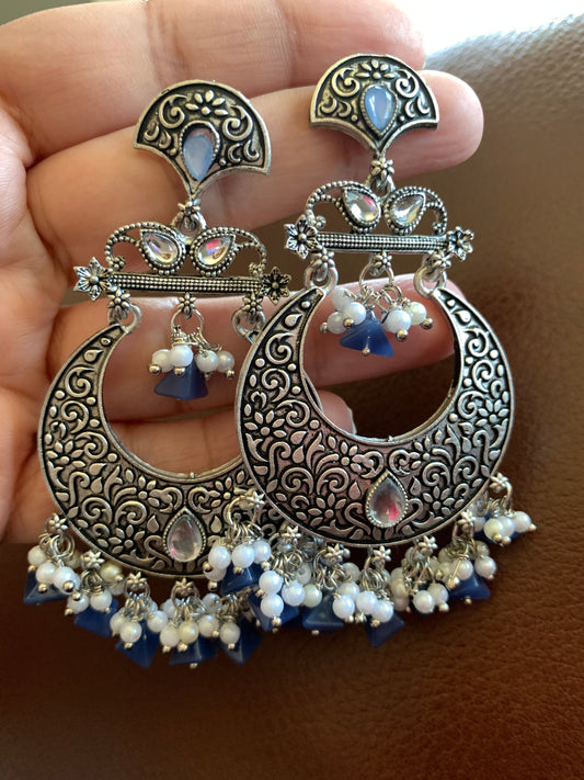 Chandbali Blue Beads and Pearls Earrings