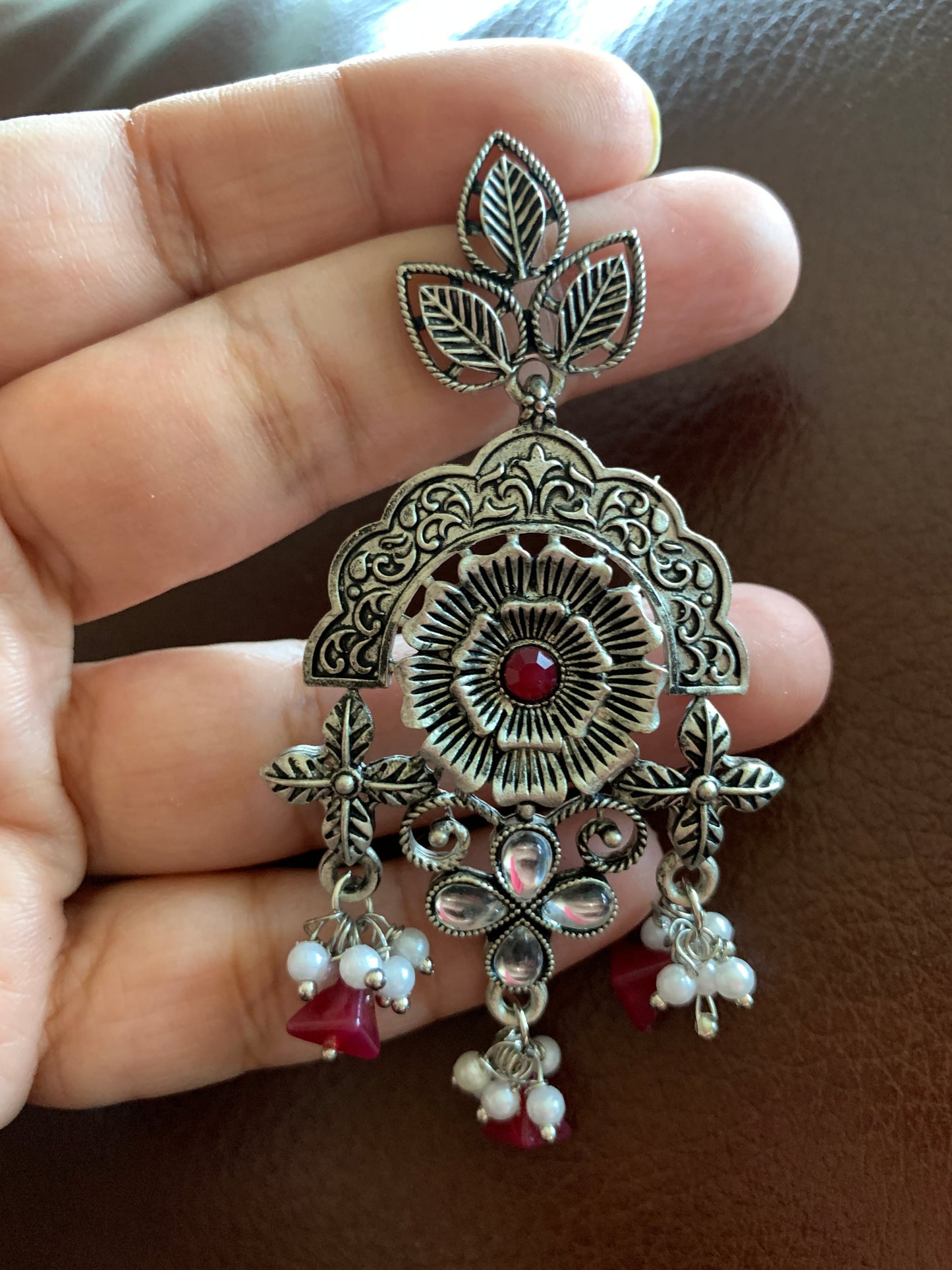 Floral Maroon Beads and Pearls Earrings