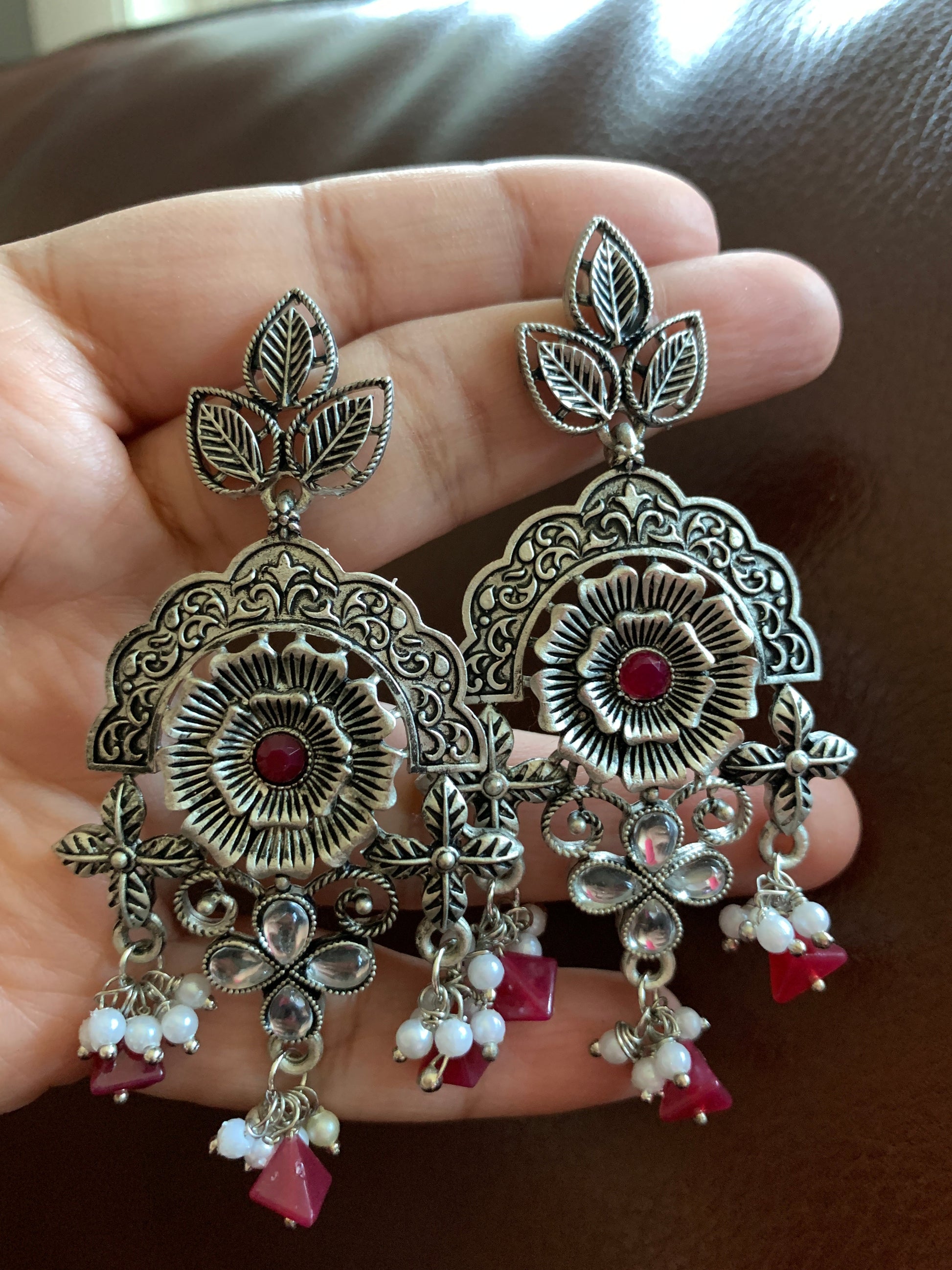 Floral Maroon Beads and Pearls Earrings