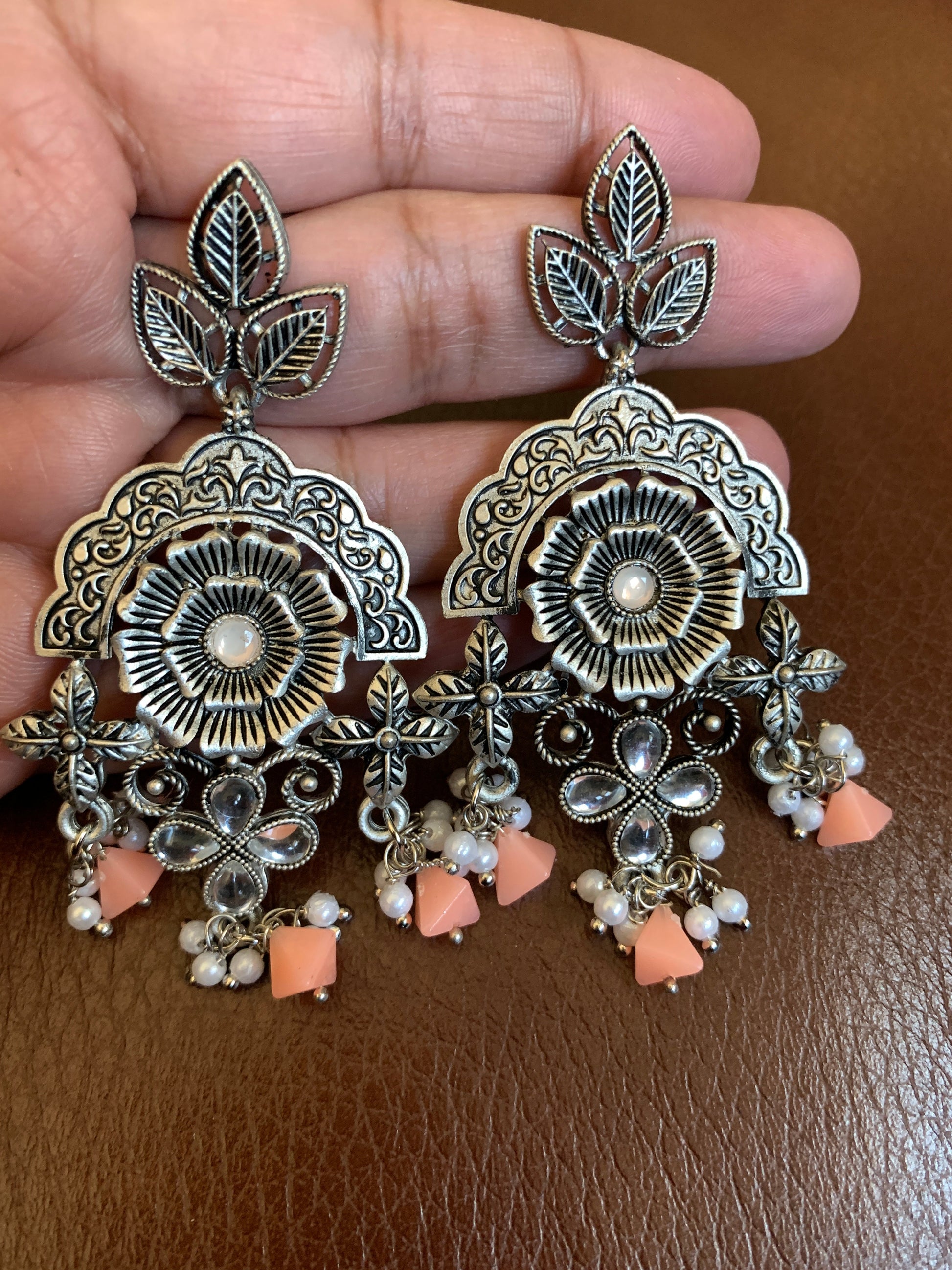 Floral Peach Beads and Pearls Earrings