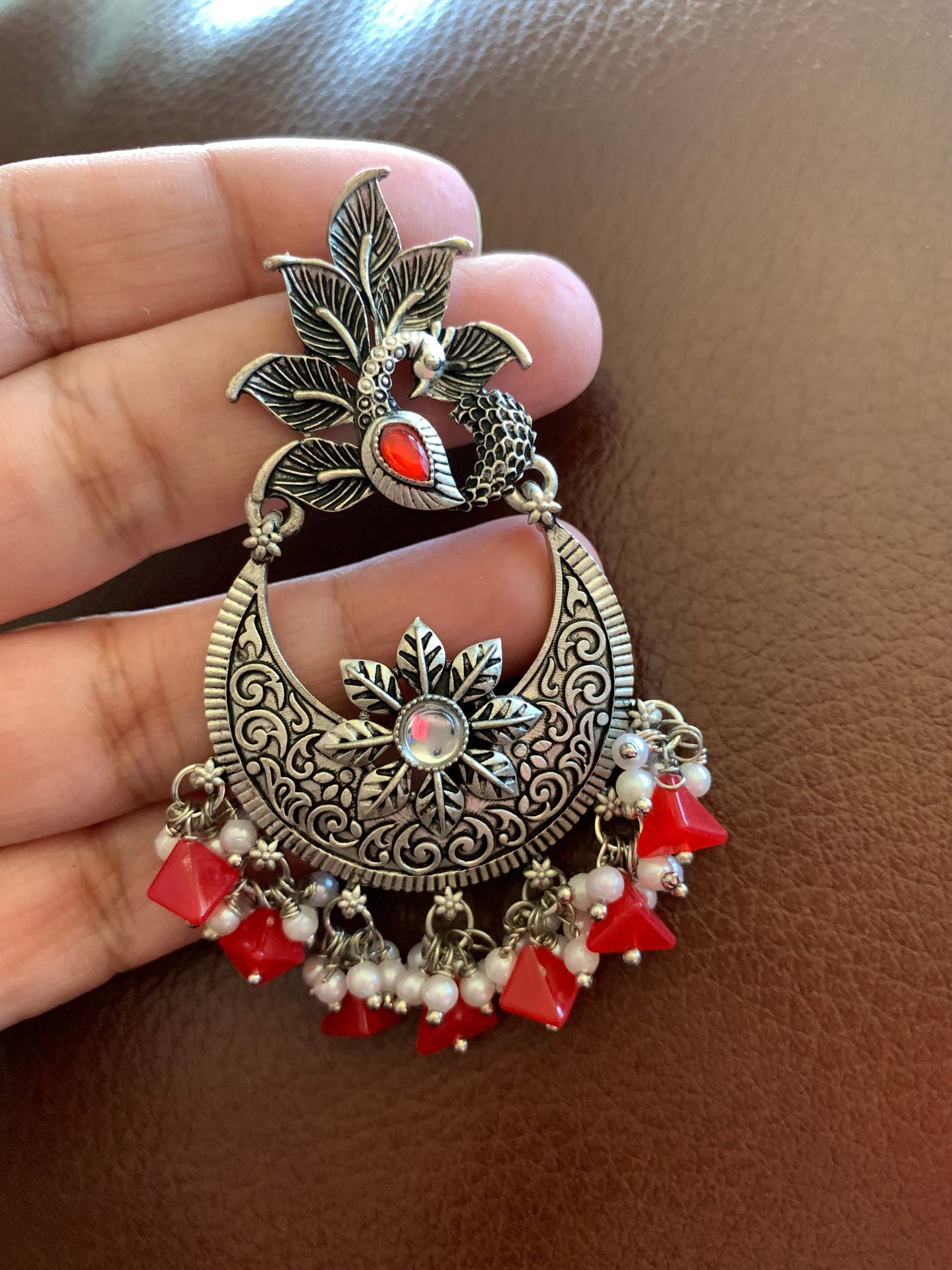 Red Beads and Pearls Peacock Earrings