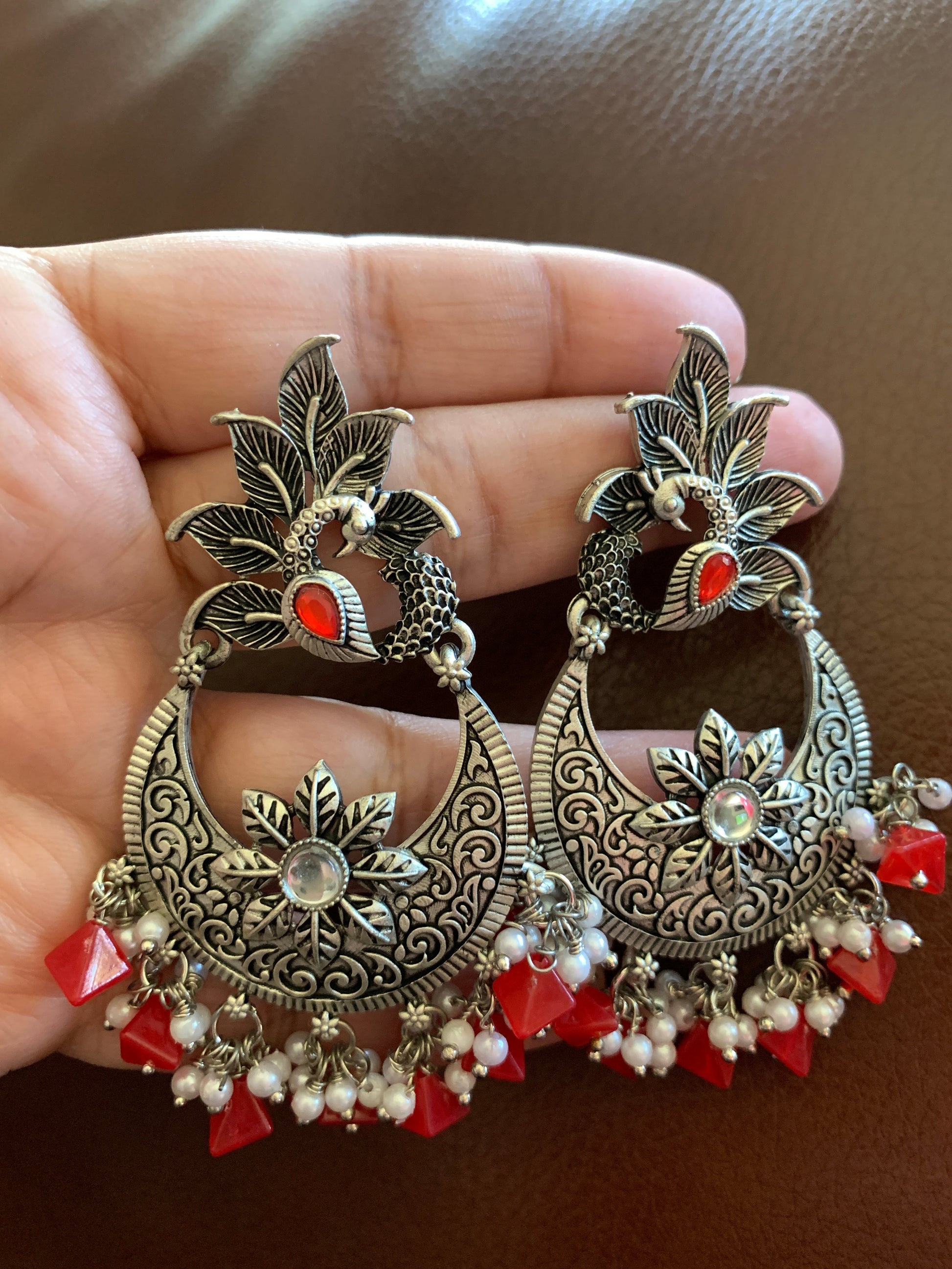 Red Beads and Pearls Peacock Earrings