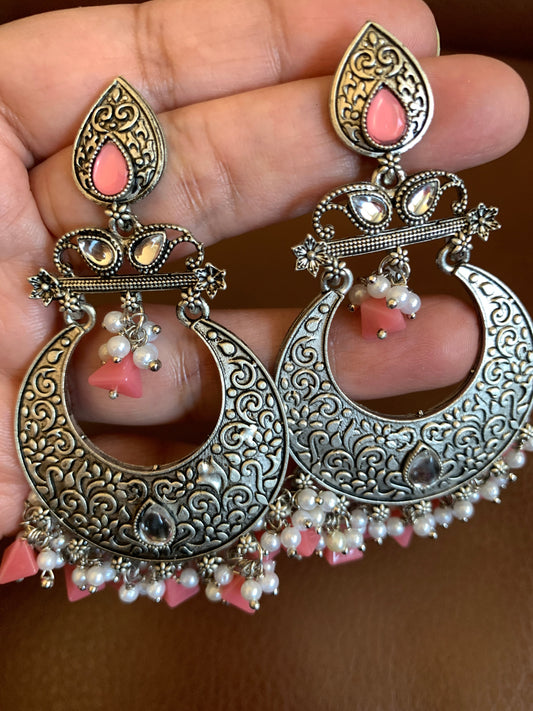 Chandbali Pink Beads and Pearls Earrings