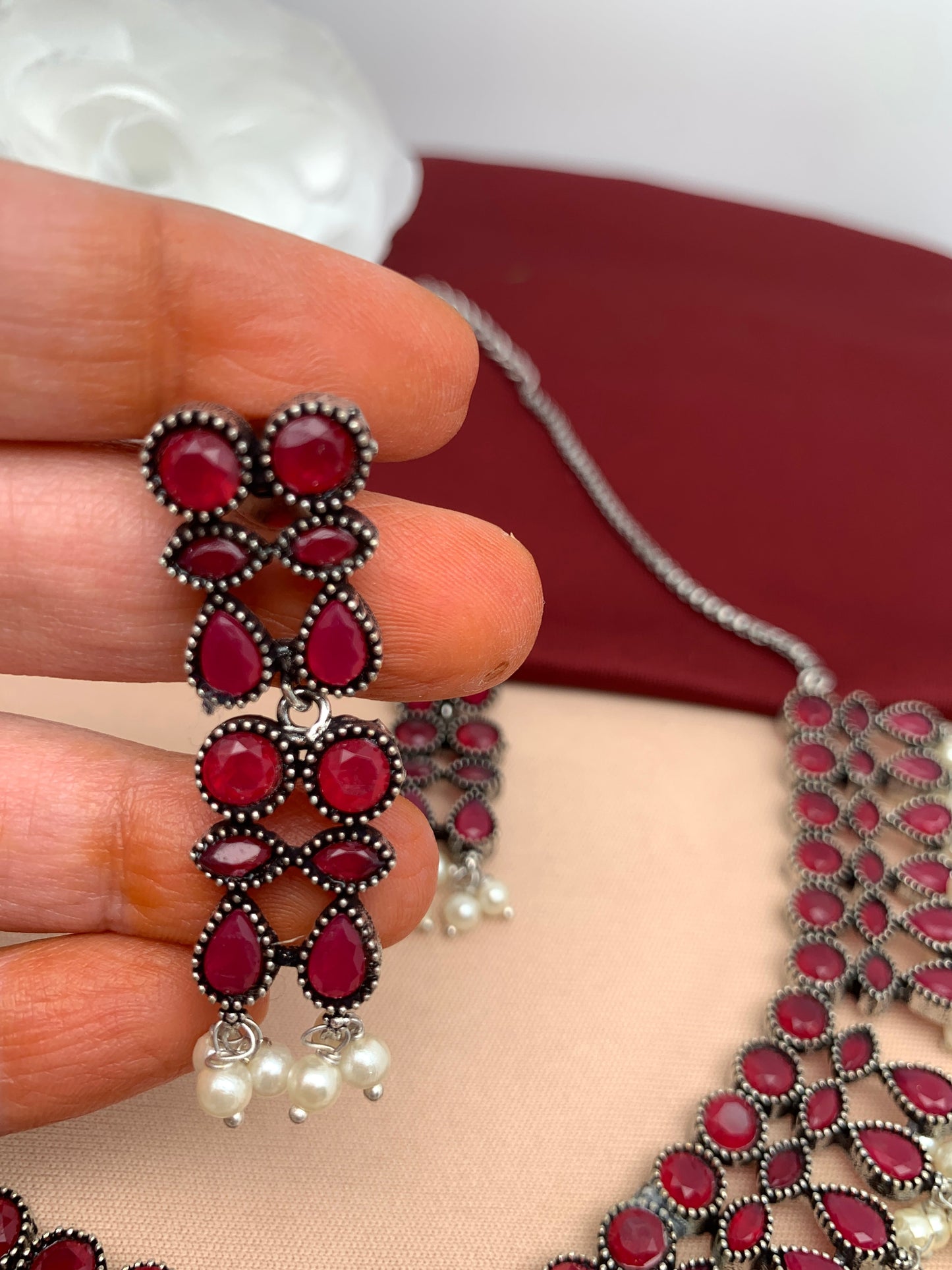 Red Stone Oxidized Short Necklace