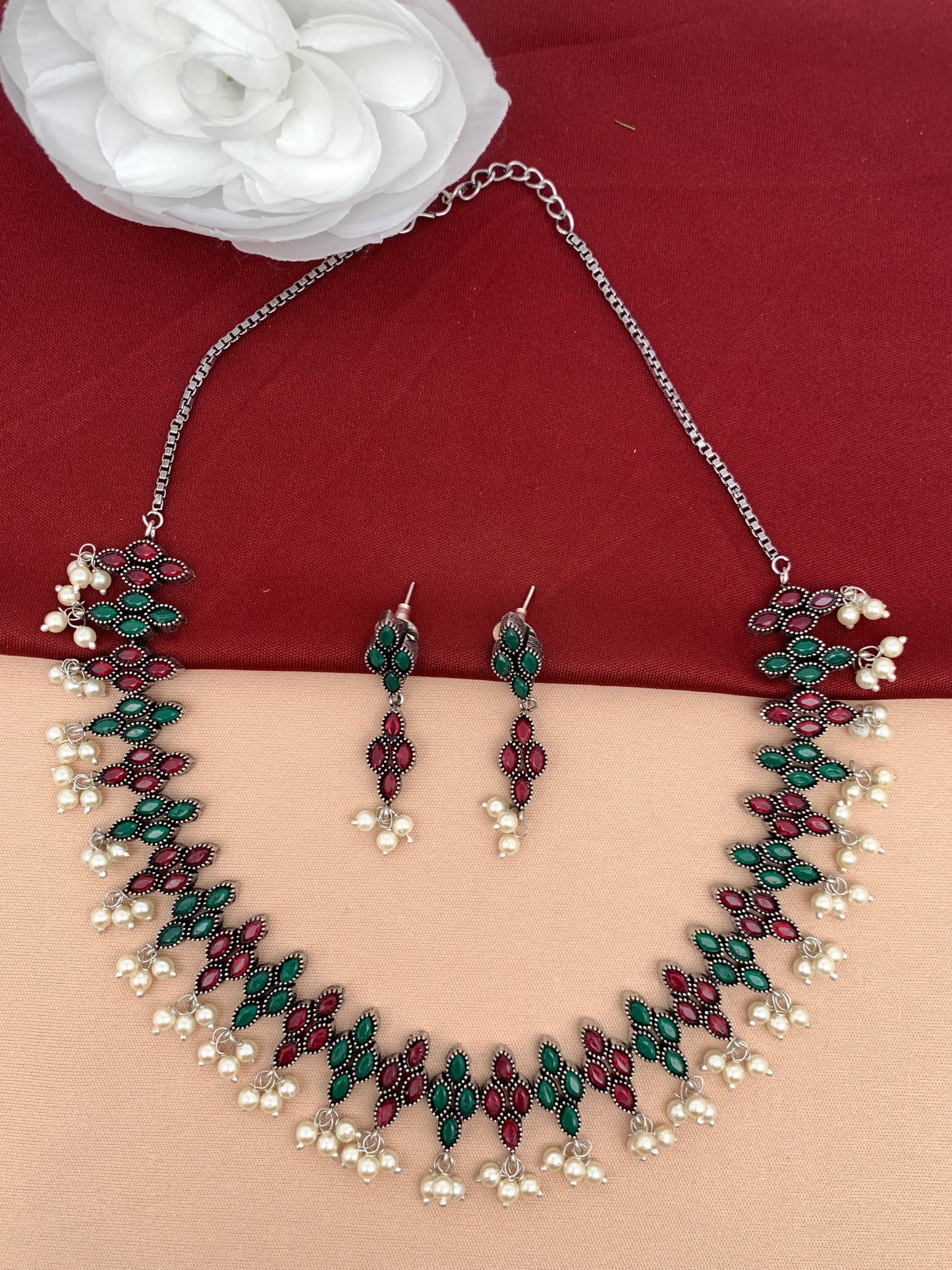 Red Green Stone Oxidized Short Necklace