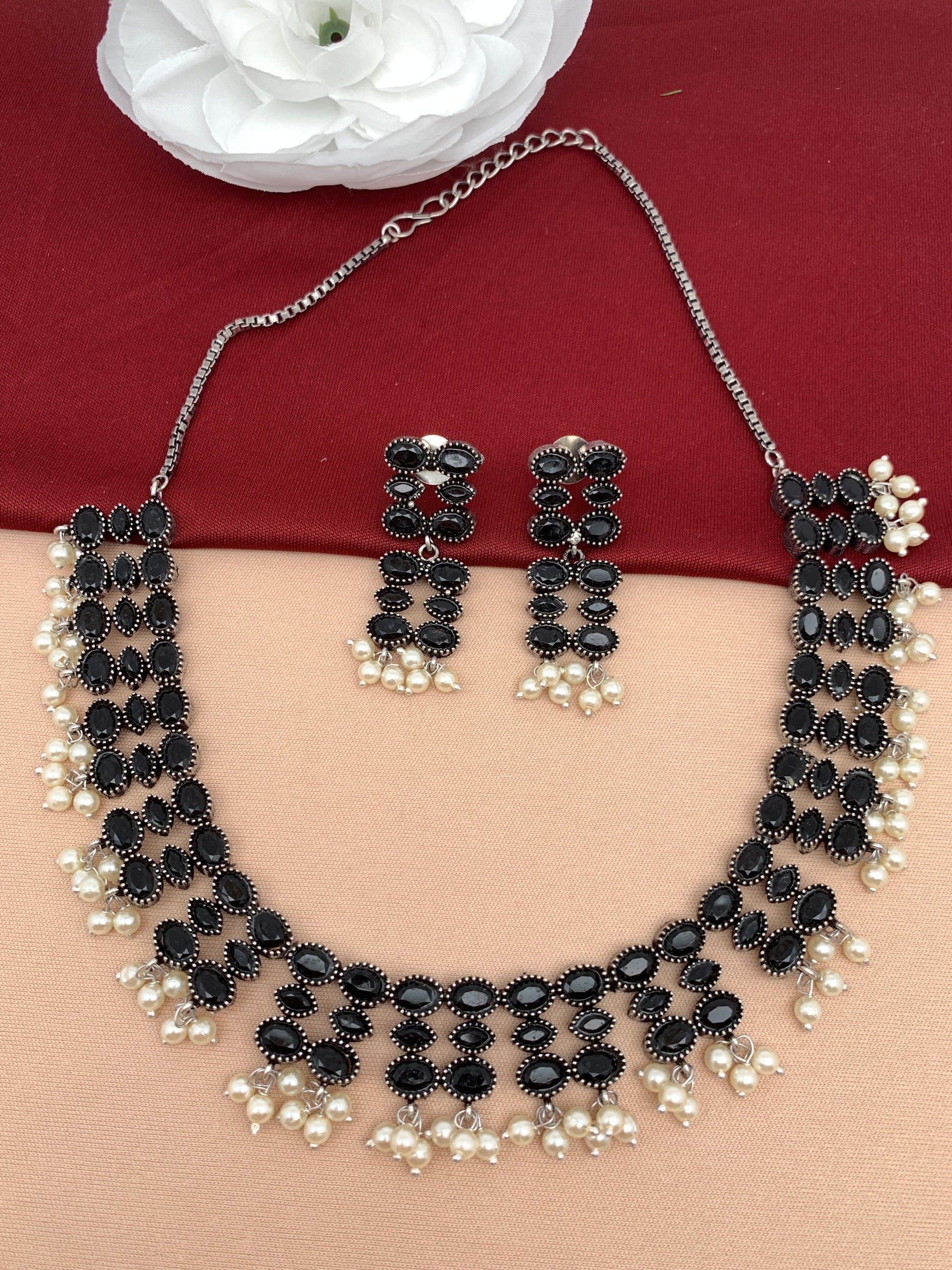 Black Stone Oxidized Short Necklace