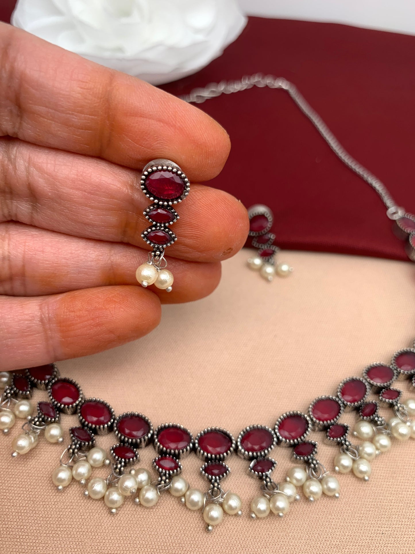 Red Stone Oxidized Short Necklace