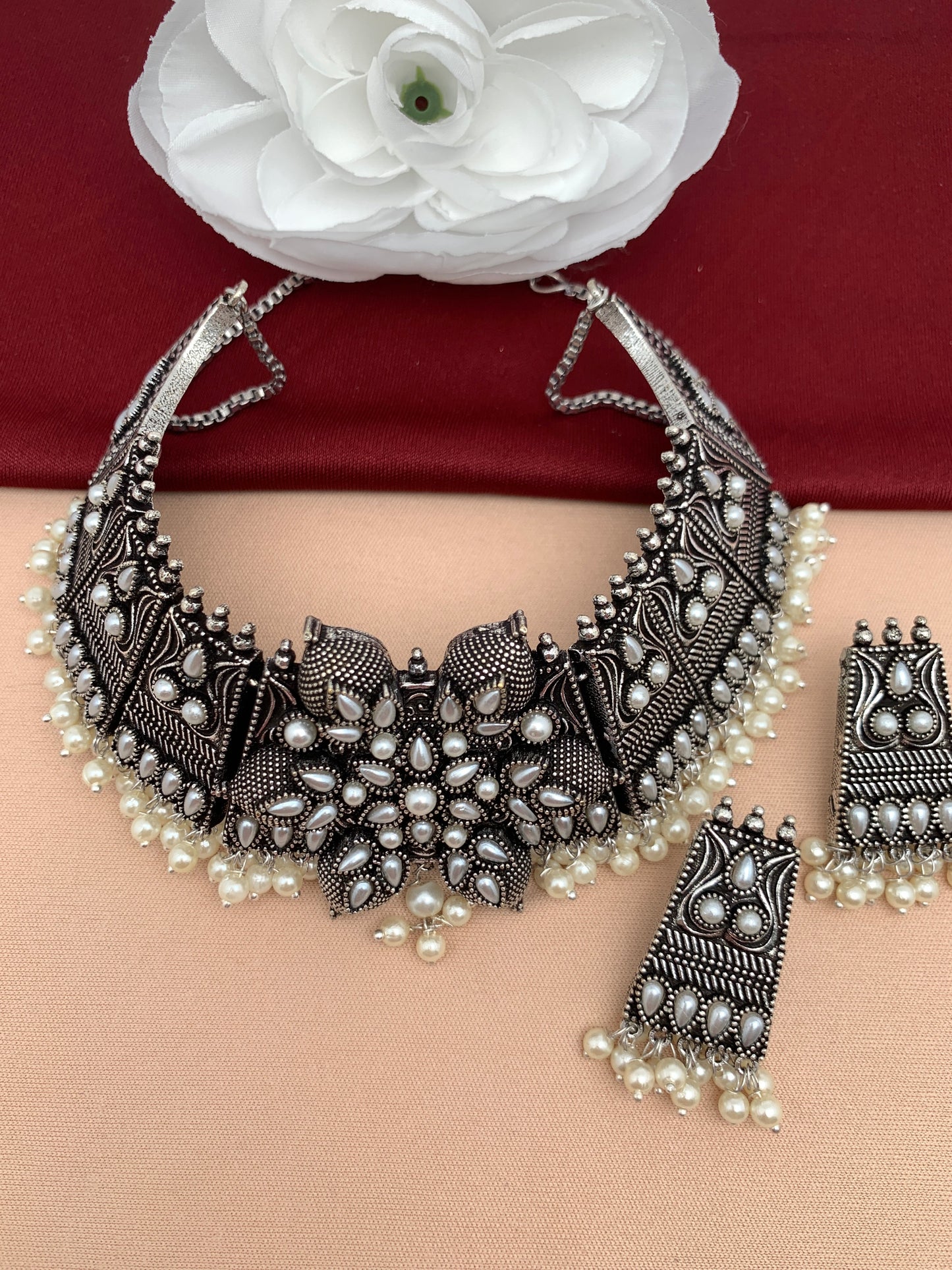 German Silver and Pearl Choker Necklace