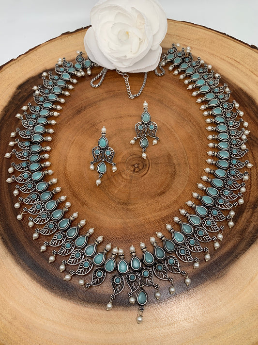 Long Mango Mala With Aqua Stones