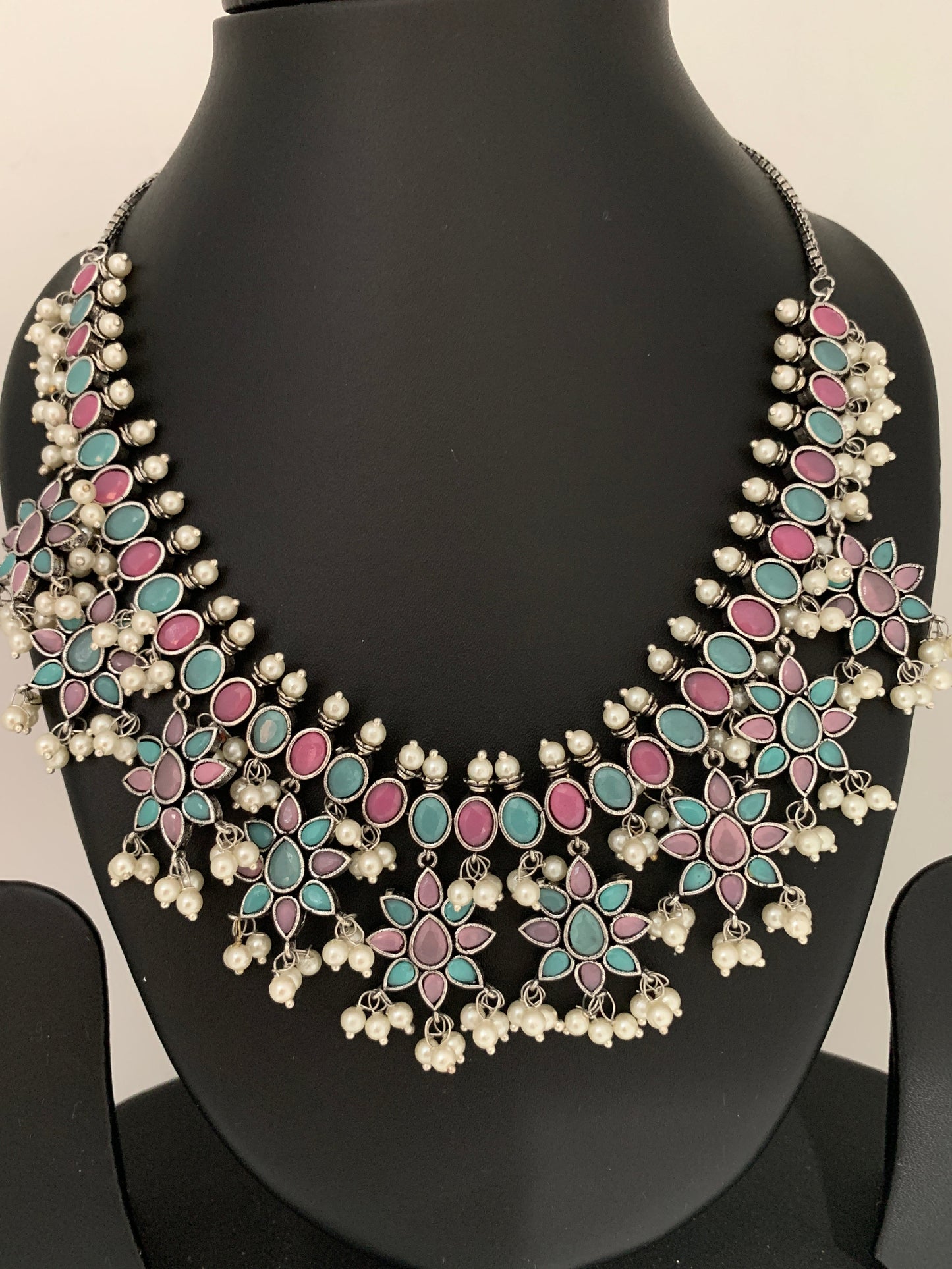 Aqua and Pink Jhumka Design Short Necklace