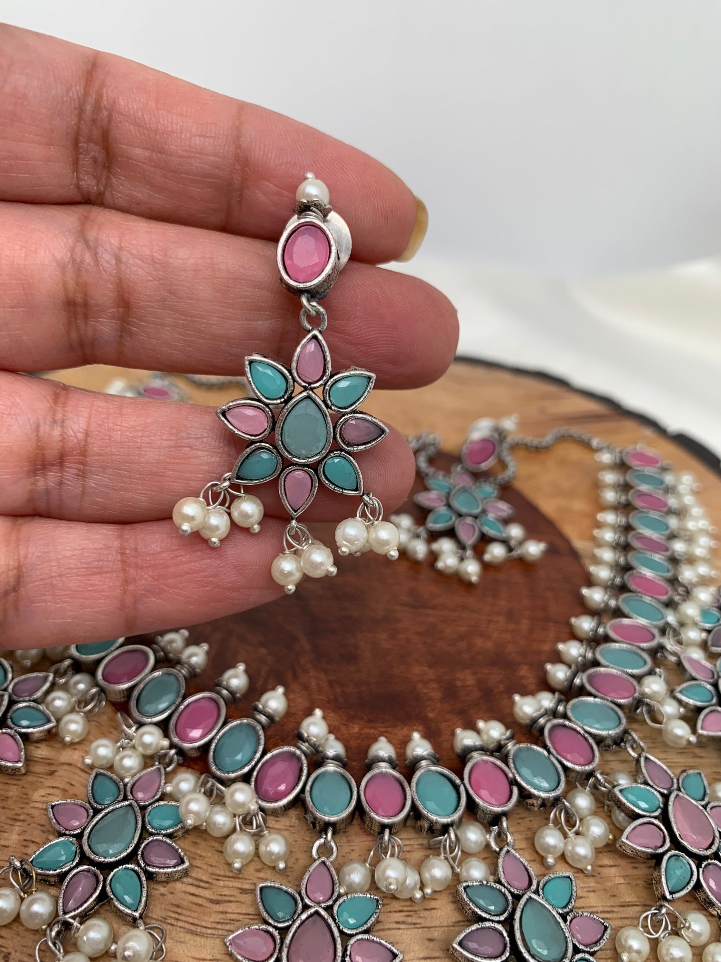 Aqua and Pink Jhumka Design Short Necklace