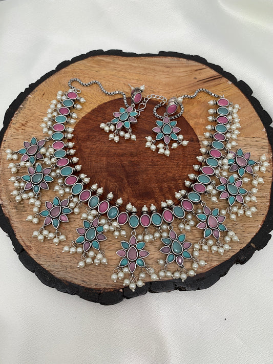 Aqua and Pink Jhumka Design Short Necklace