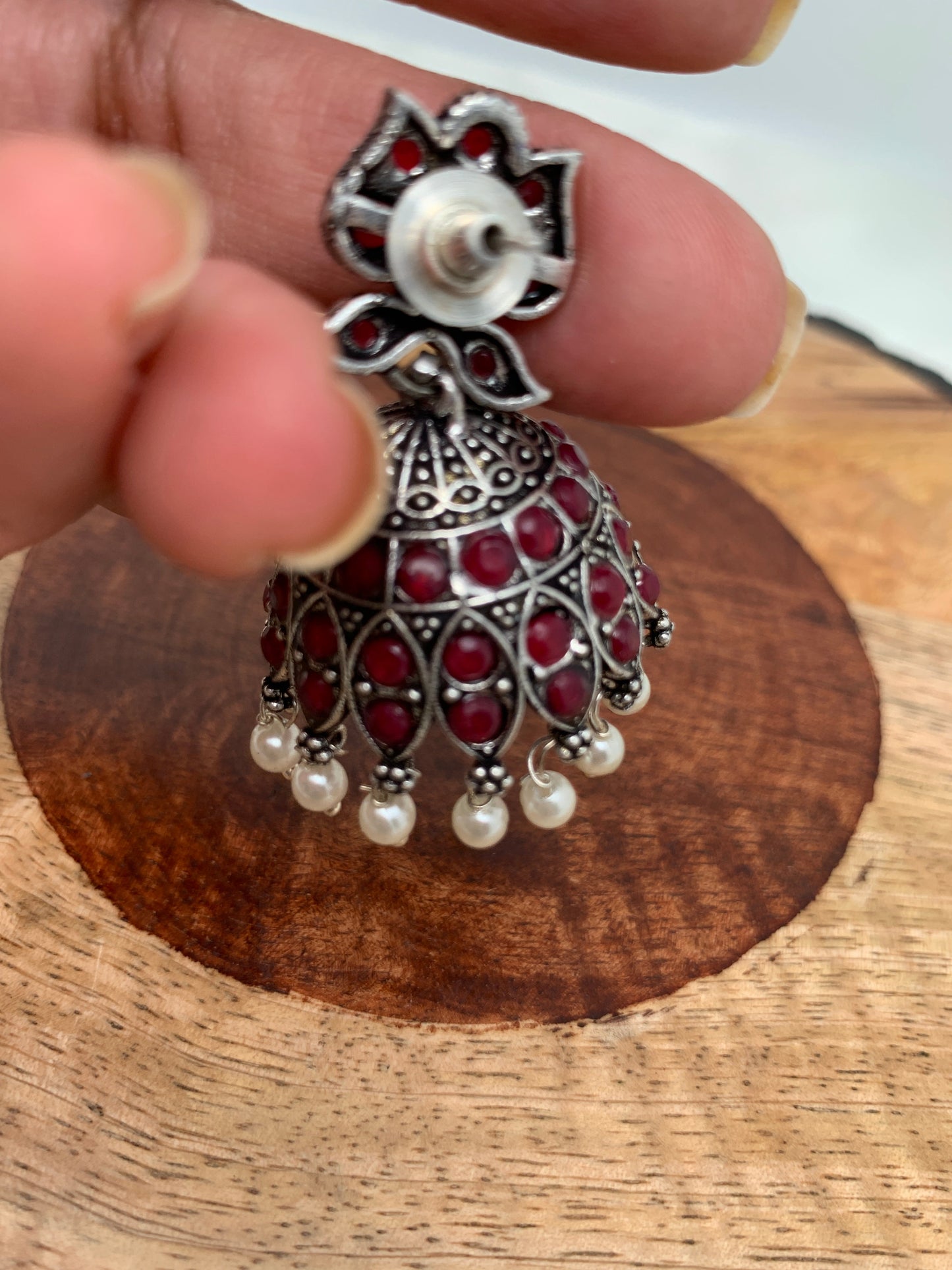 Red Stone Pearl Jhumka