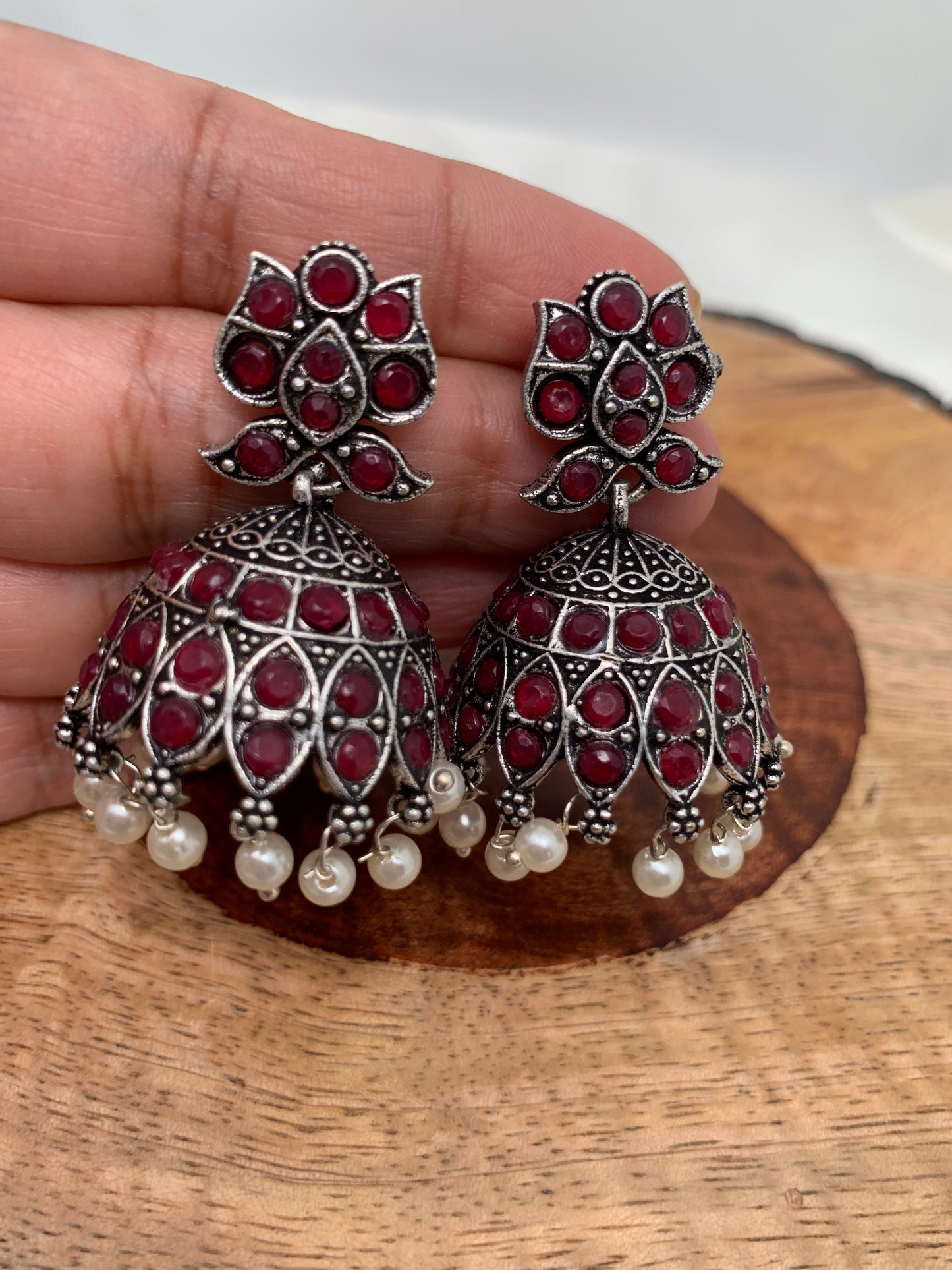 Red Stone Pearl Jhumka