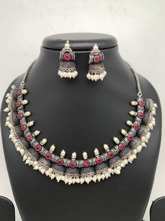 Red Stone Oxidized German Silver Neckline Necklace