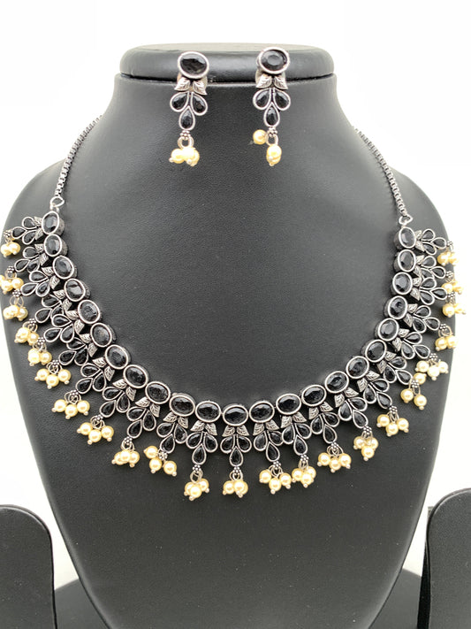 Black Stone Oxidized German Silver Neckline Necklace