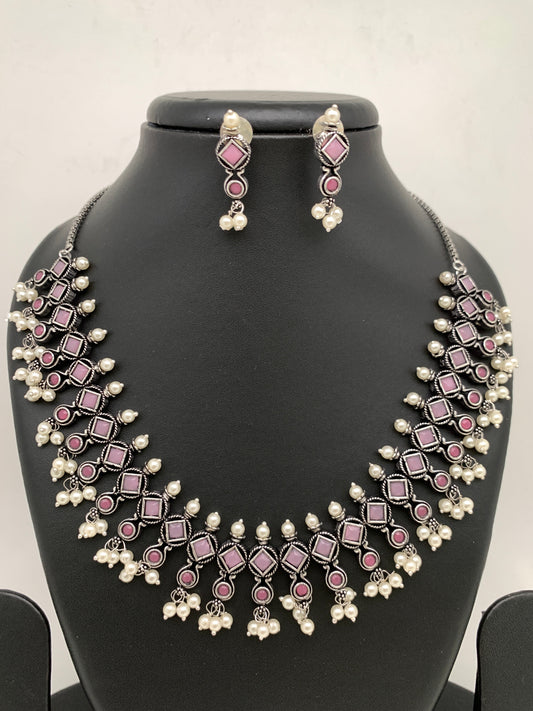 Pink Stone Oxidized German Silver Short Necklace