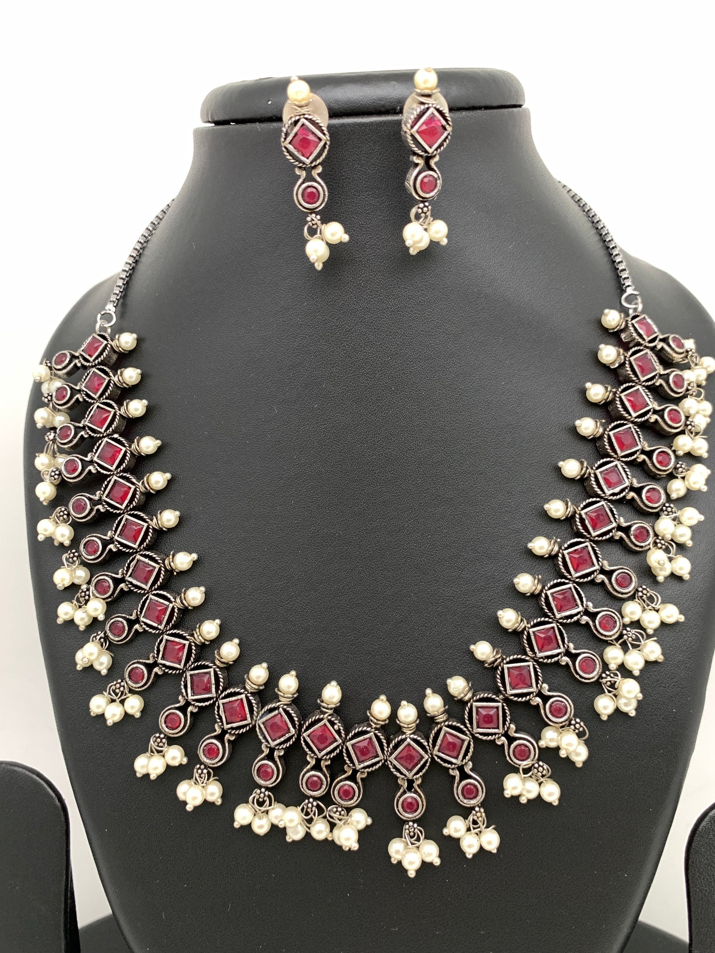 Red Stone Oxidized German Silver Short Necklace