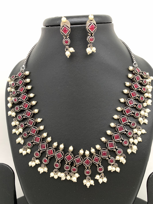 Red Stone Oxidized German Silver Short Necklace