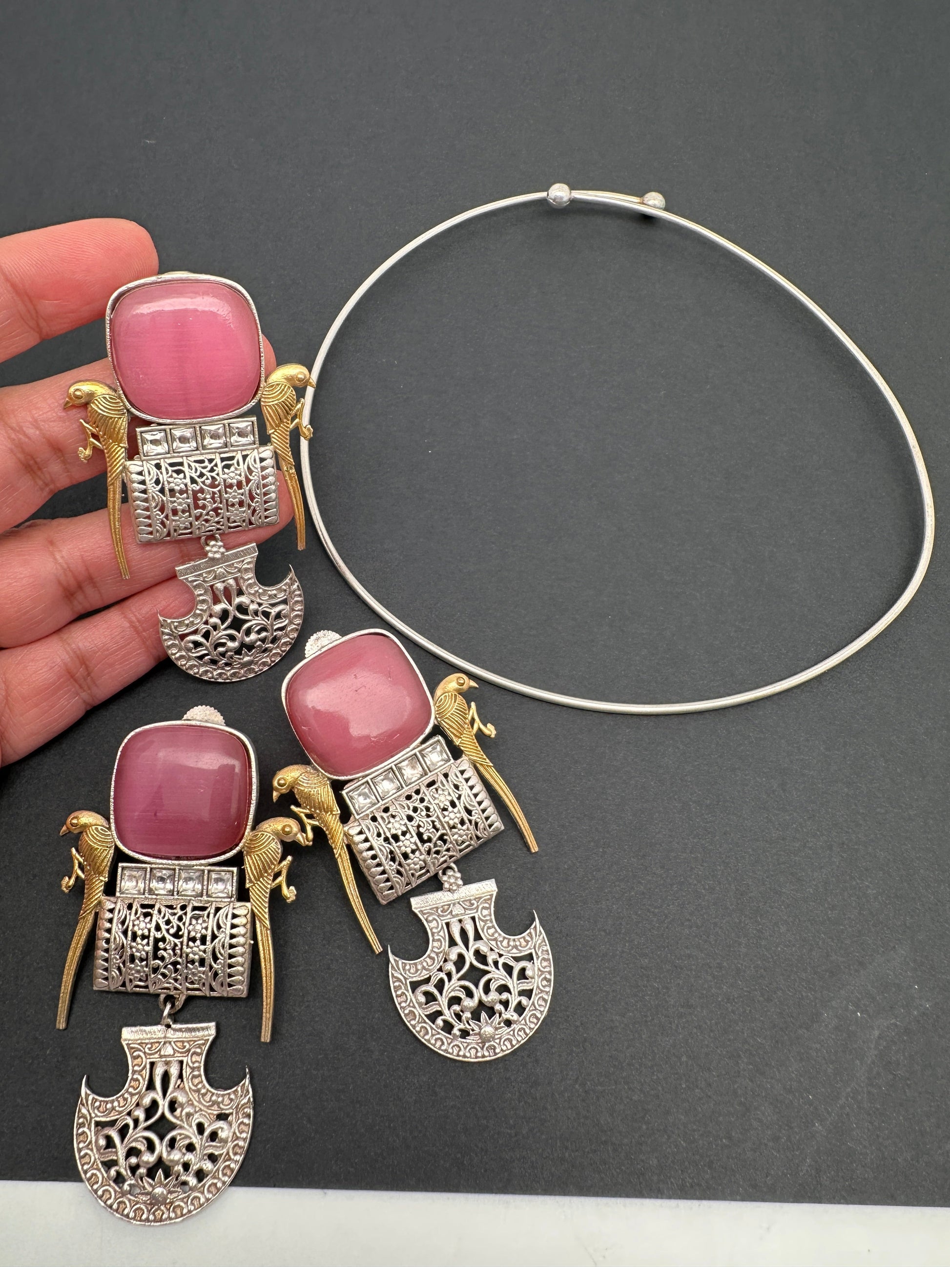 German Silver Oxidized Hasli Necklace - Pink