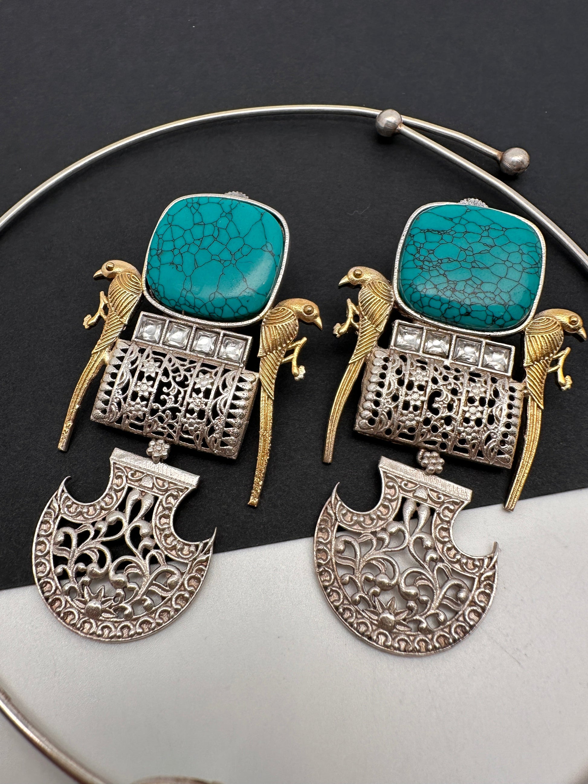 German Silver Oxidized Hasli Necklace - Turquoise