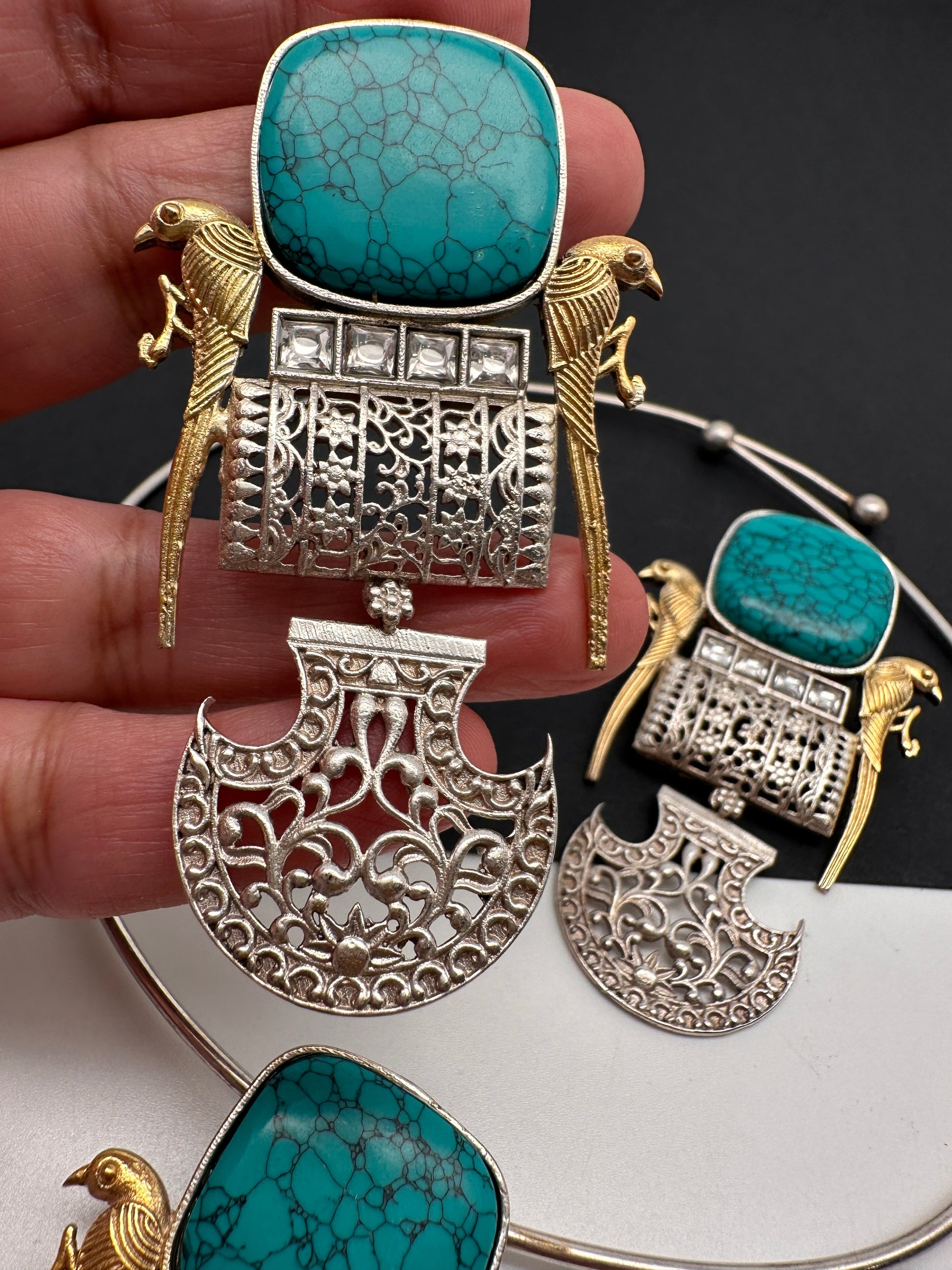 German Silver Oxidized Hasli Necklace - Turquoise