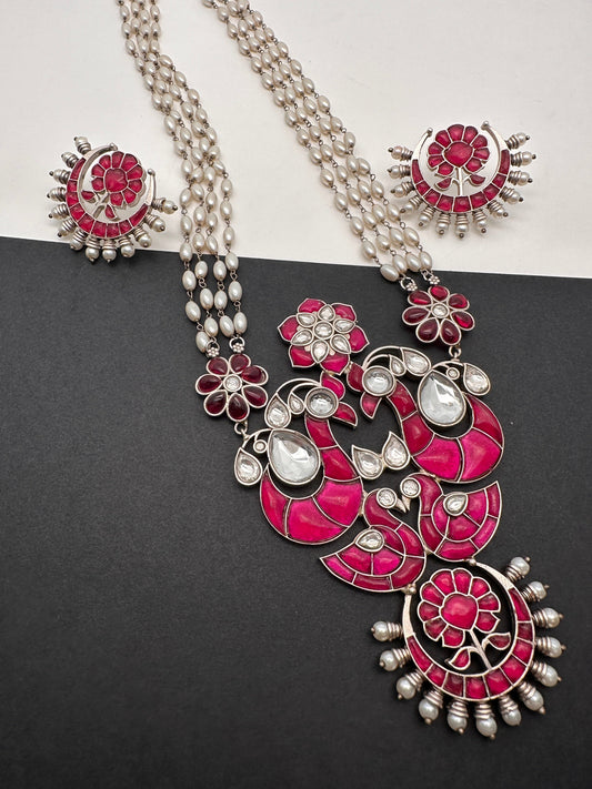 Kundan German Silver Oxidized Silver Replica Peacock Design Red Stone Rice Pearls Rani Haar Necklace Set