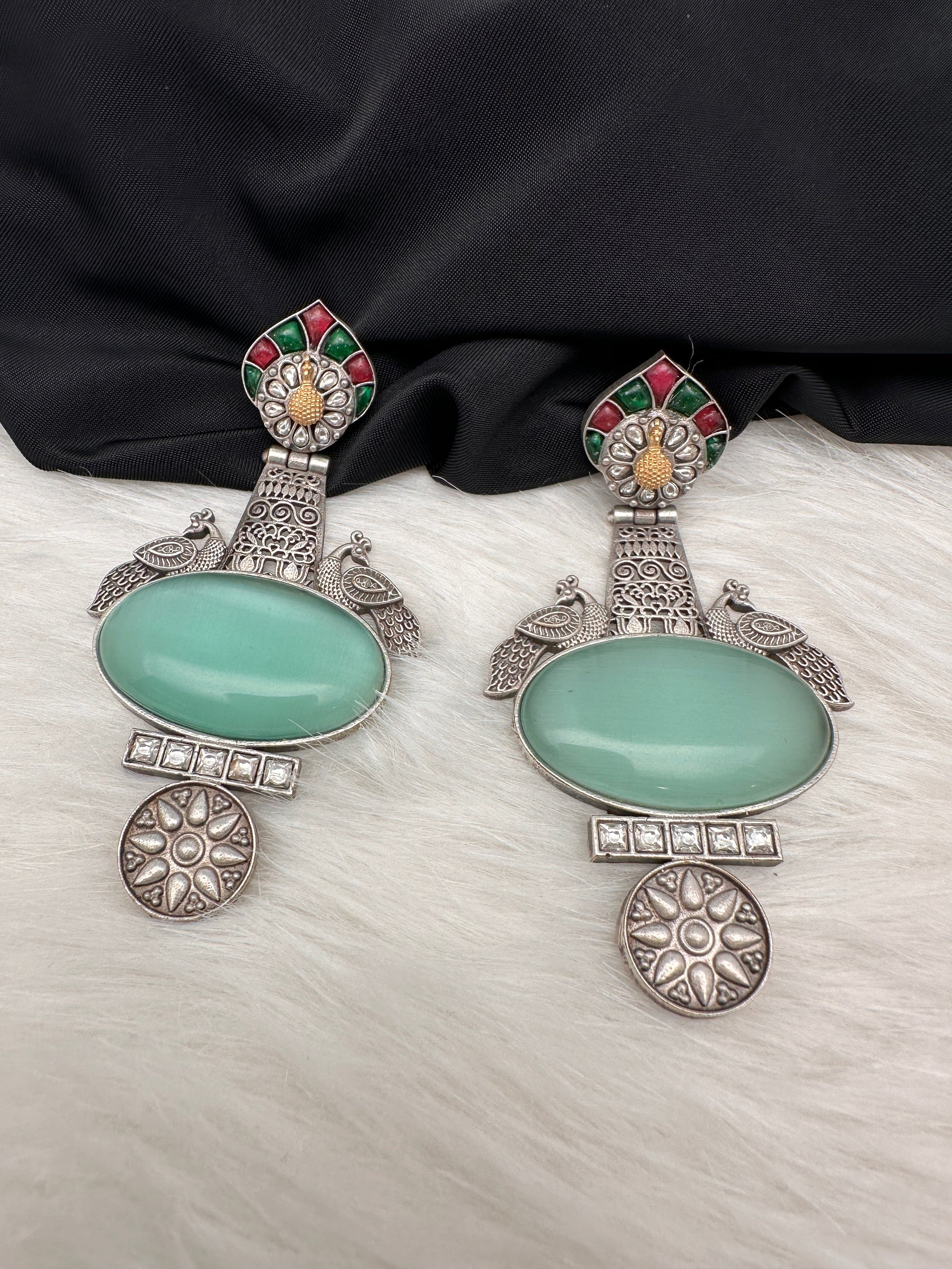 Peacock Color Stone German Silver Oxidized Earrings - LightGreen