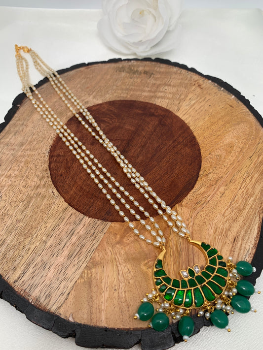 Jadau Kundan Green Chand Pendent with Rice Pearls Short Necklace