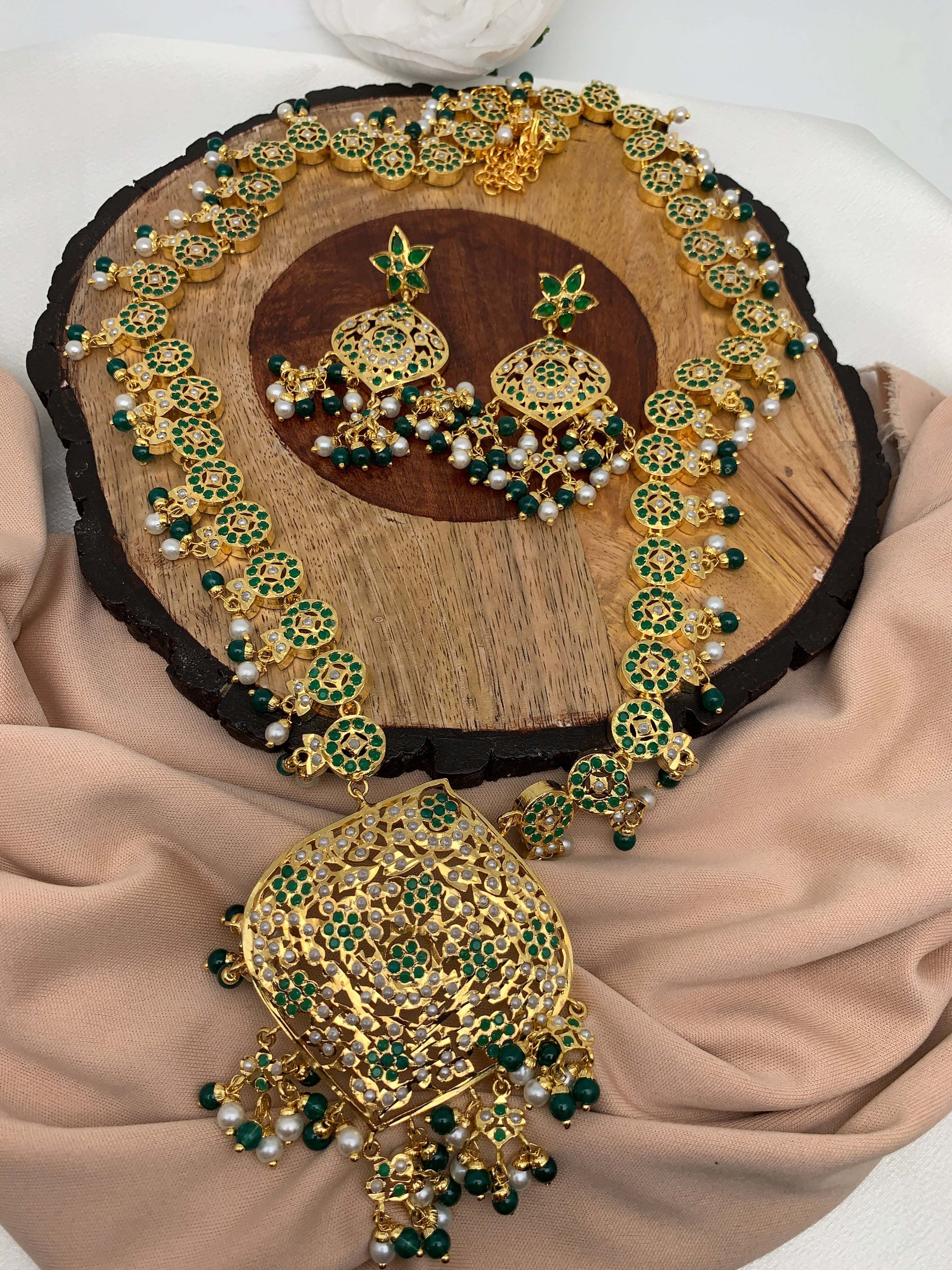 DJHR8 Abira hyderabadi jadau jhoomar in green with fresh water store pearls , Indian jewellery