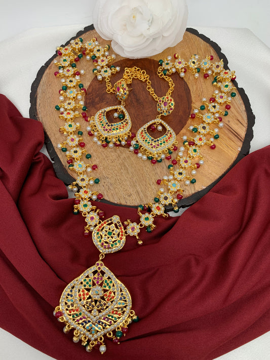 Hyderabadi Jadau Navratan Stone Multi Color Beads and Pearls Long Necklace