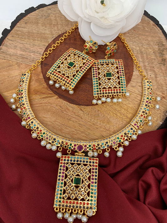 Hyderabadi Jadau Navratan Stone Stiff Short Necklace