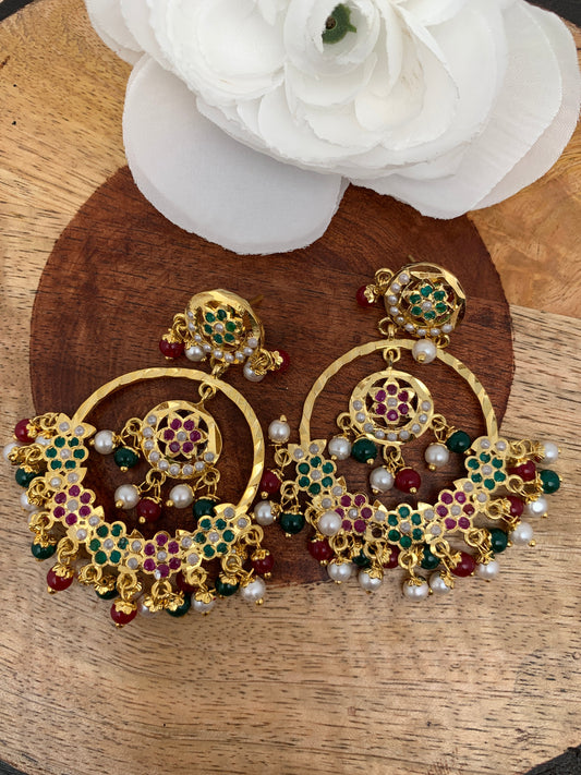 Hyderabadi Jadau Multi Stones Multi Beads Chandbali Earrings