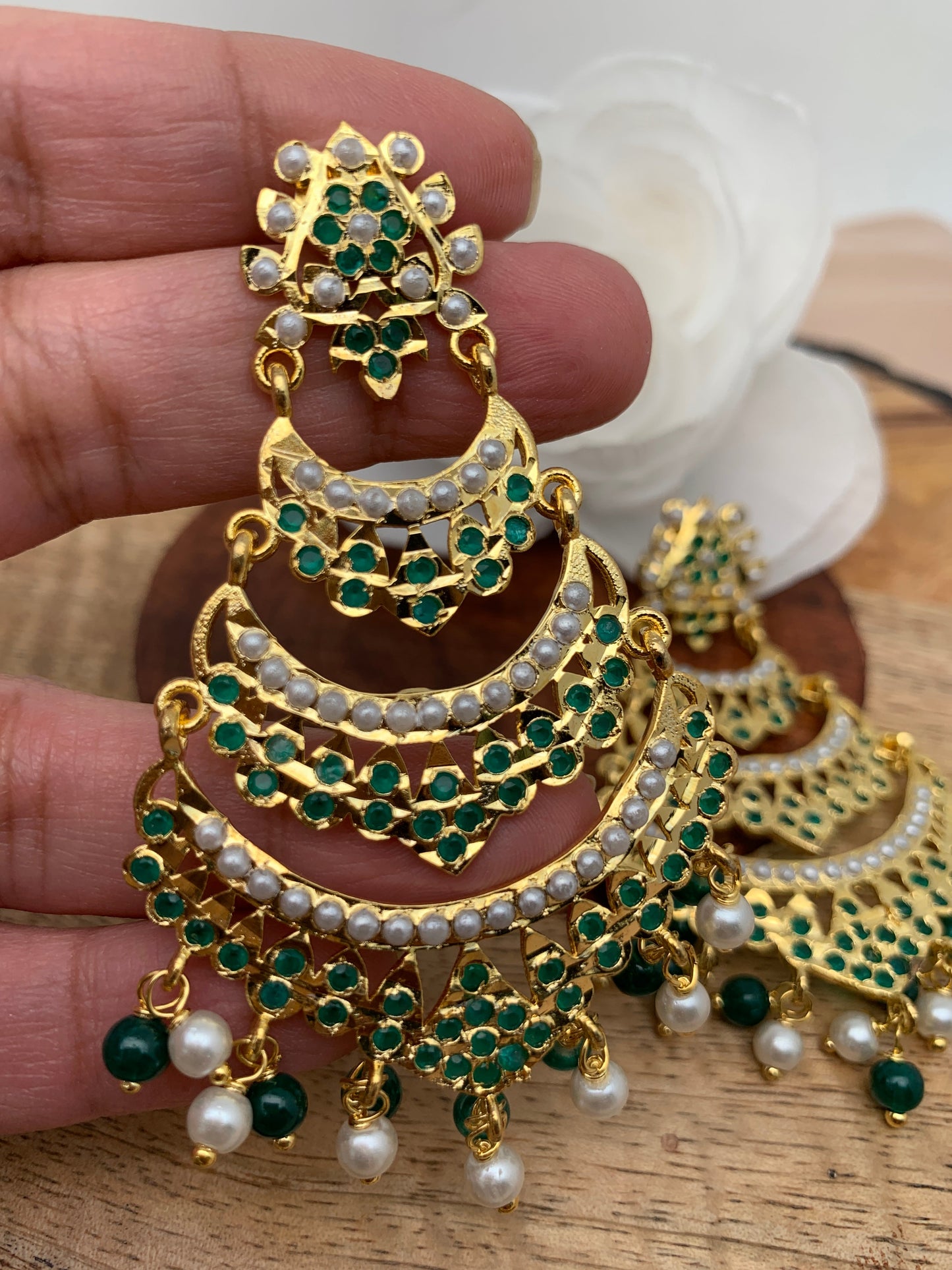 Hyderabadi Jadau Green Stones Green Beads Multi Layer Chandbali Earrings