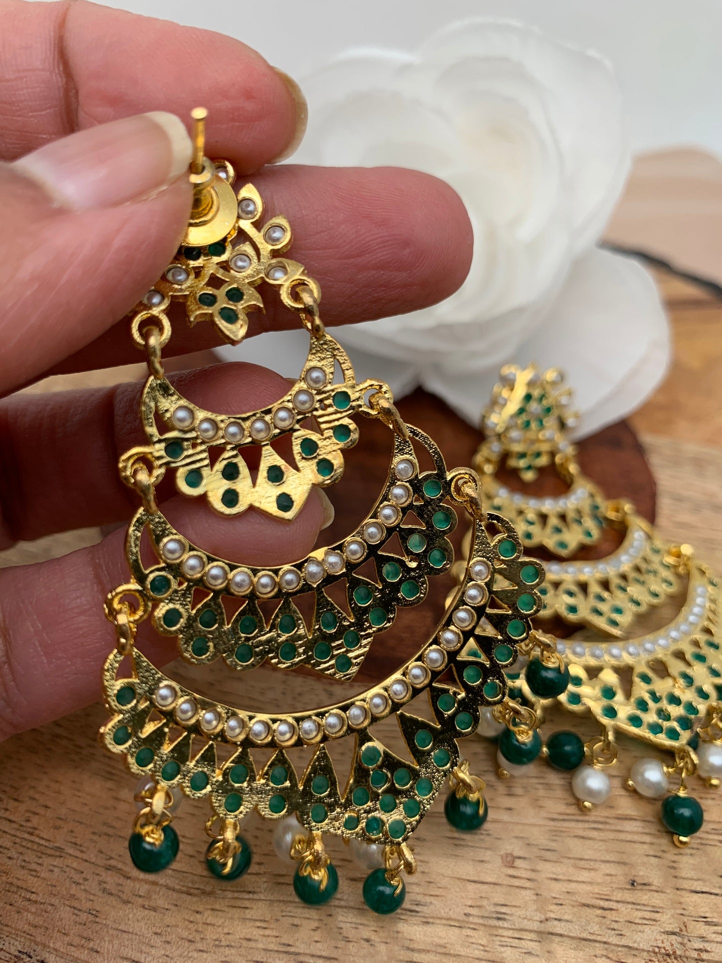 Hyderabadi Jadau Green Stones Green Beads Multi Layer Chandbali Earrings