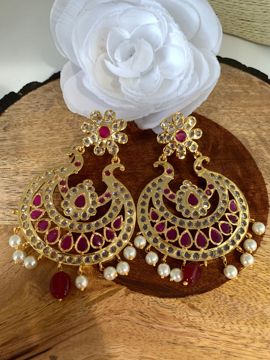 Hyderabadi Jadau CZ Red Stone Chandbali Earrings