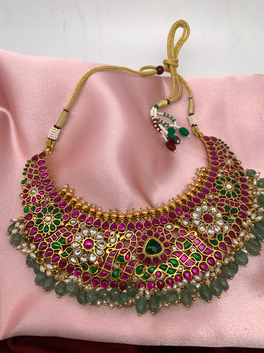 Red Jadau Kundan Emerald Beads Neckline Necklace