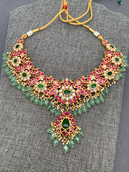 Red Jadau Kundan Emerald Green Stone Emerald Beads Neckline Necklace