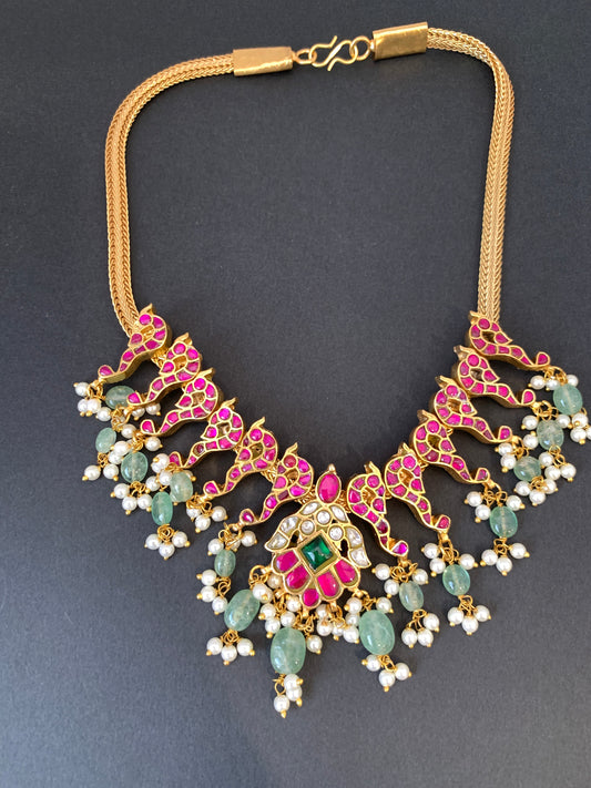 Red Jadau Kundan Emerald BeadsChain Style Neckline Necklace