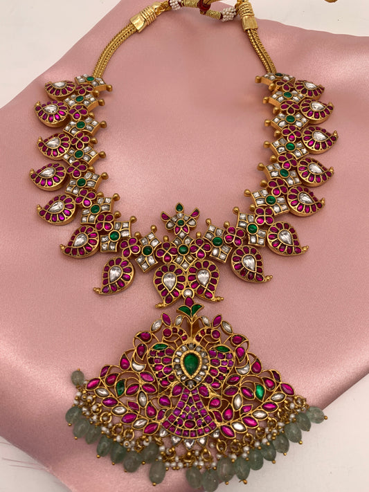 Red Green Jadau Kundan Mango Mala with Detachable Pendent