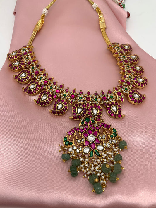 Red Jadau Kundan Emerald Beads Detachable Pendent Neckline Necklace