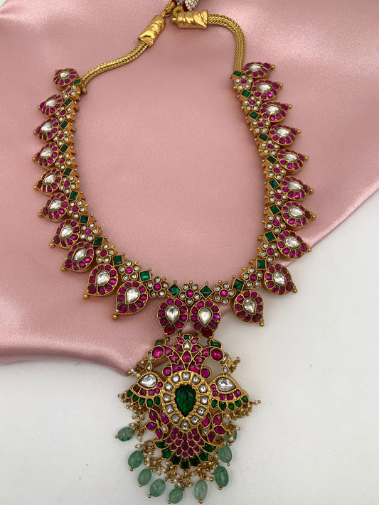 Red Green Jadau Kundan Mango Mala with Detachable Pendent